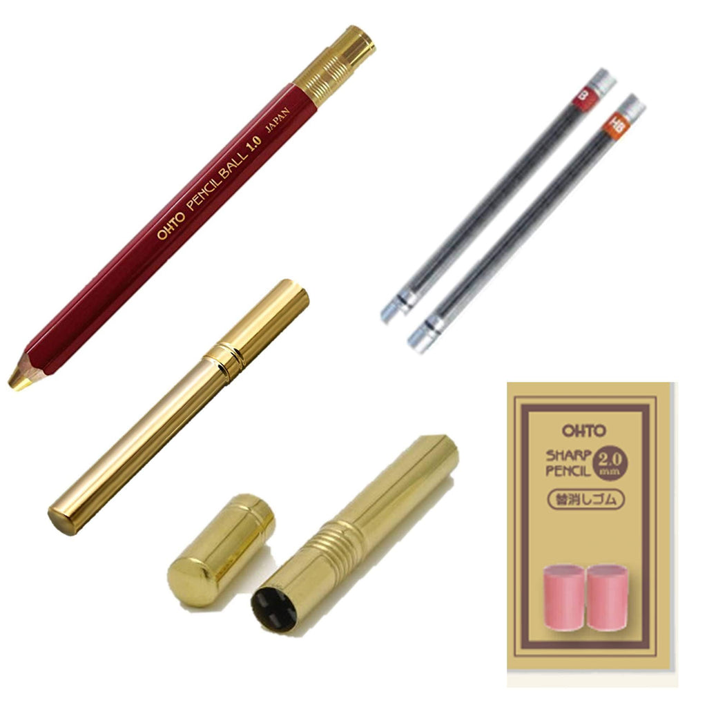 ＯＨＴＯ　Wood axis mechanical pencil with eraser 　Dark red　(2mm)　 Replacement HB, B (2mm) 　Exclusive replacement eraser 　Brass sharpener (2mm only) 　Brass core case (2mm only)