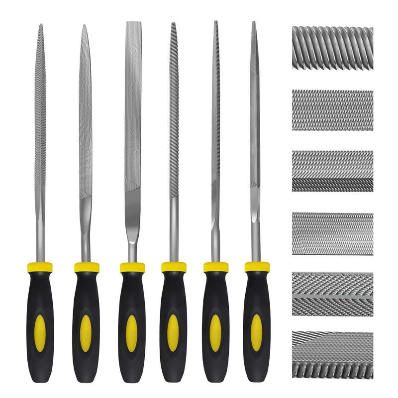Needle File Set, 6 Pieces Hand Metal Files, Hardened Alloy Strength Steel Set Includes Flat, Flat Warding, Square, Triangular, Round, and Half-Round File Black-6pcs