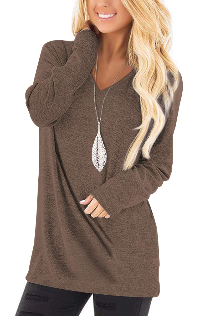 Jescakoo Tunic Tops for Leggings for Women Long Sleeve V Neck T Shirts Casual Loose Fit 01-coffee Small