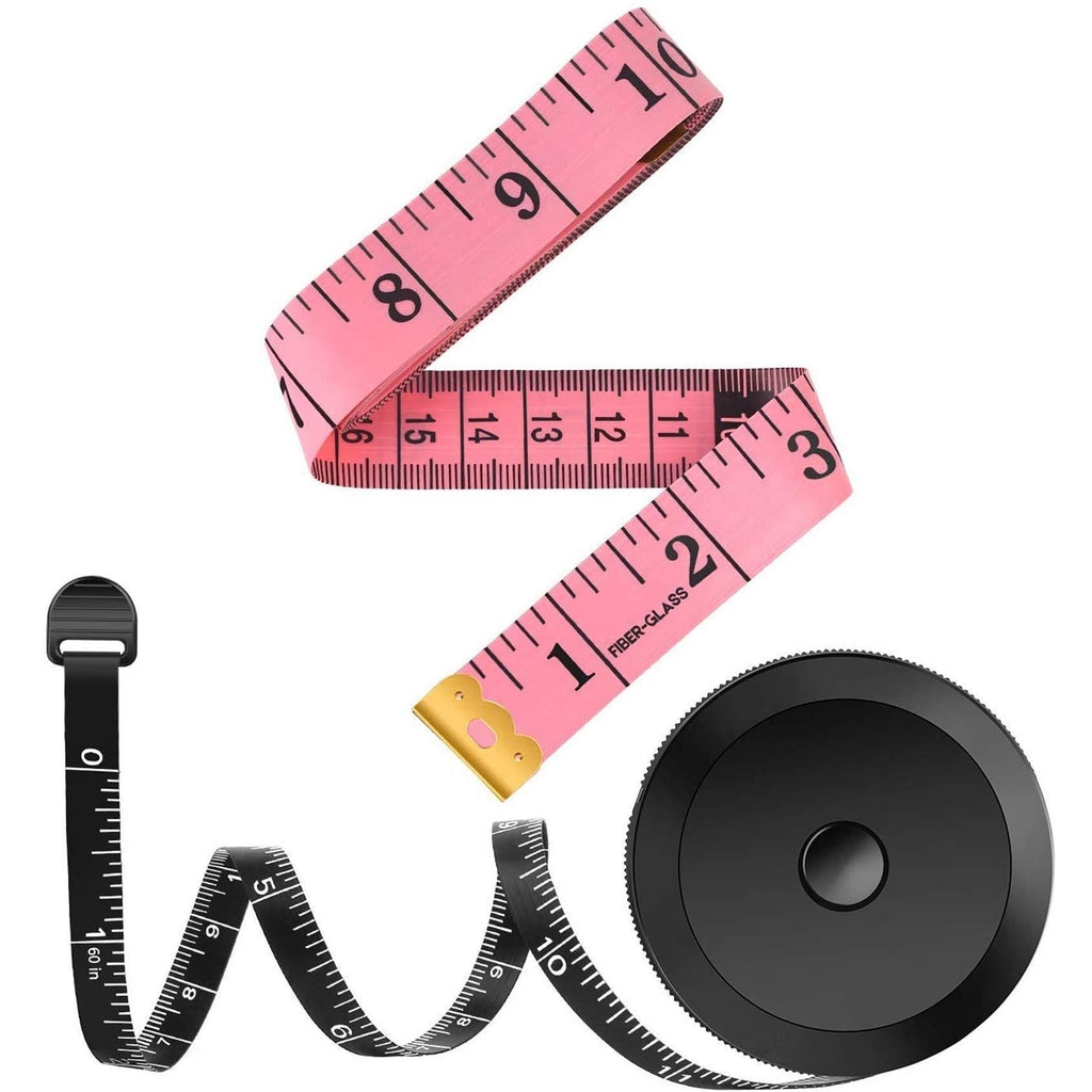 2 Pack Tape Measure Measuring Tape for Body Fabric Sewing Tailor Cloth Knitting Vinyl Home Craft Measurements, 60-Inch Soft Fashion Tape & Retractable Black Double Scales Rulers for Body Weight Loss Pink & Black