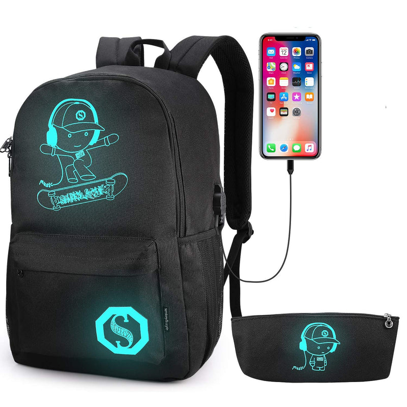 Pawsky Skateboard Anime Luminous Backpack School Backpack with USB Charging Port, Anti Theft Lock and Pencil Case for Teen Boys and Girls, College School Bookbag Lightweight Laptop Bag, Black