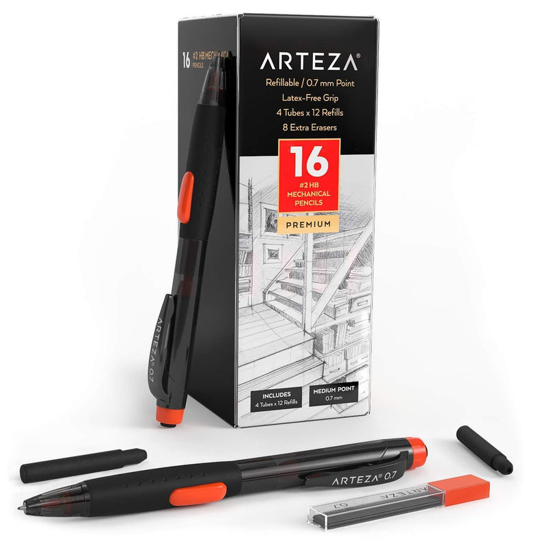 Arteza HB Mechanical Pencil Pack of 16, 0.7 Millimeter Medium Point Lead, 48 Refills and Replaceable Eraser with 8 Extra Erasers, Latex-Free Grip, Office Supplies Pack 16 (plus refills)