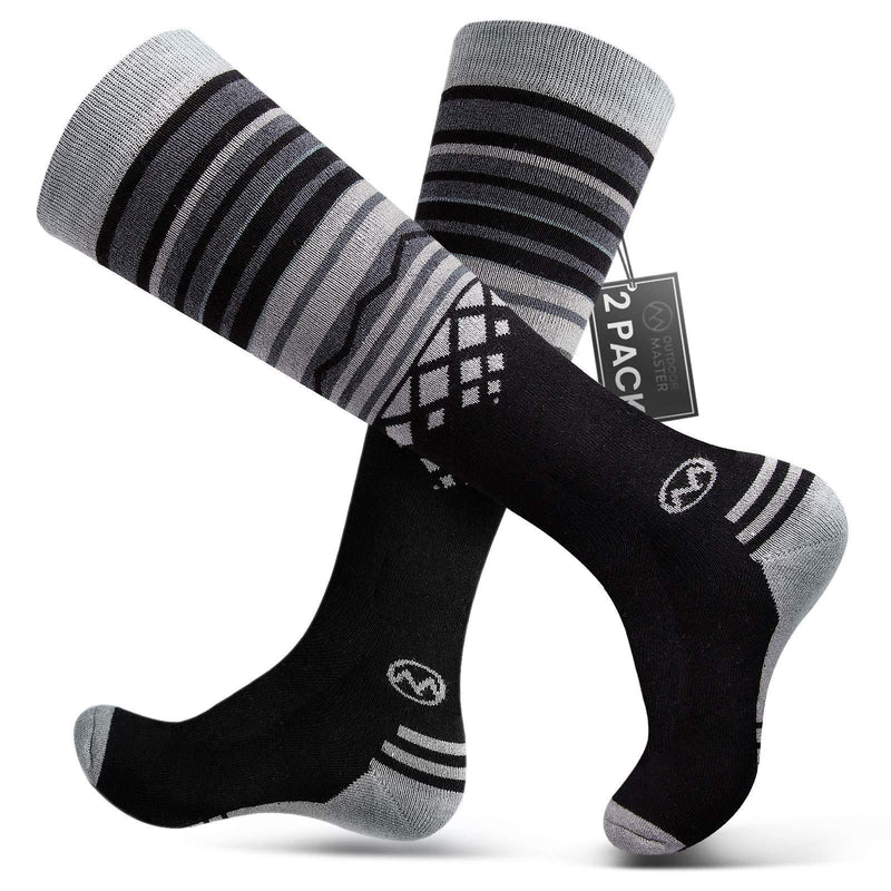 Ski Socks 2-Pack Merino Wool, Over The Calf (OTC) Non-Slip Cuff for Men & Women Black Medium