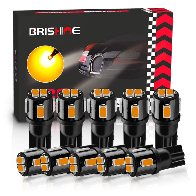 BRISHINE 194 LED Bulbs Extremely Bright Amber Yellow 5630 Chipsets 168 2825 175 T10 W5W LED Replacement Bulbs for Car Interior Map Dome Door Courtesy License Plate Lights(Pack of 10)