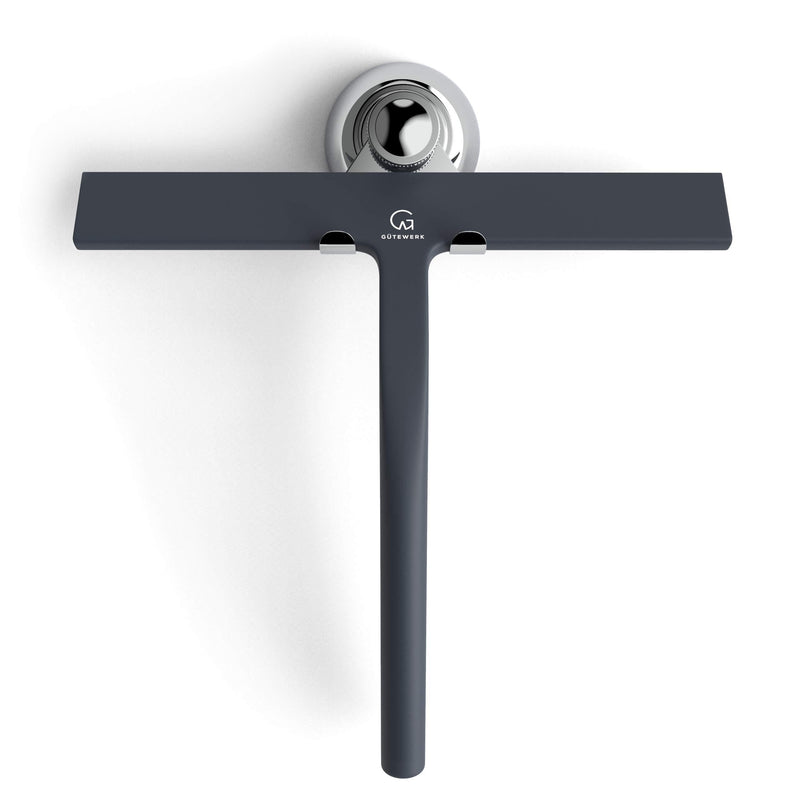 GÜTEWERK Shower Squeegee Black 9 in - incl. Chrome Suction Cup Hook - Stainless-Steel core - Silicone Rubber squeegees for Bathroom Cleaning Window Screen Bath Wiper Cleaner Glass Door Blade Showers 23.0 Centimeters