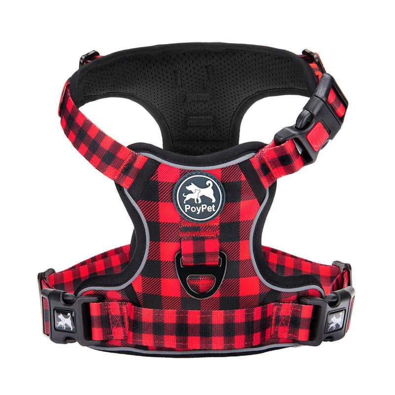PoyPet No Pull Dog Harness, No Choke Front Lead Dog Reflective Harness, Adjustable Soft Padded Pet Vest with Easy Control Handle for Small to Large Dogs XS Checkered Red