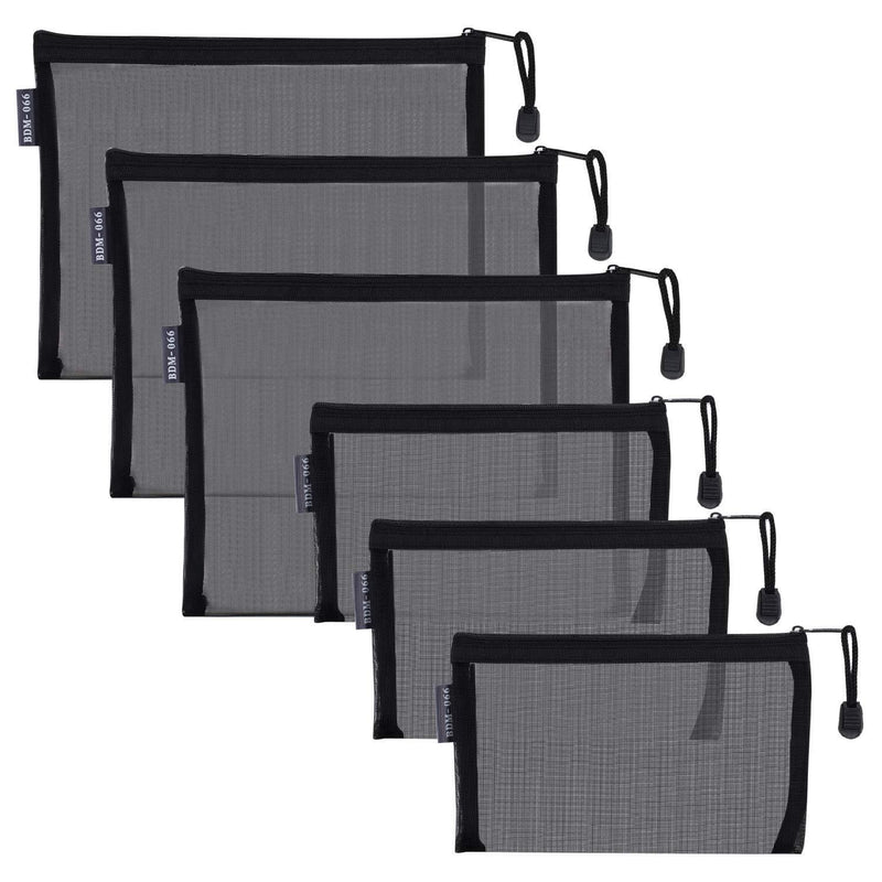 HRX Package Nylon Mesh Cosmetic Zipper Bags, 6PCS Black Makeup Pouches Pen Pencil Organizer Case for Travel Purse Diaper Bag (A5 x 3pcs, A6 x 3pcs) A5,A6