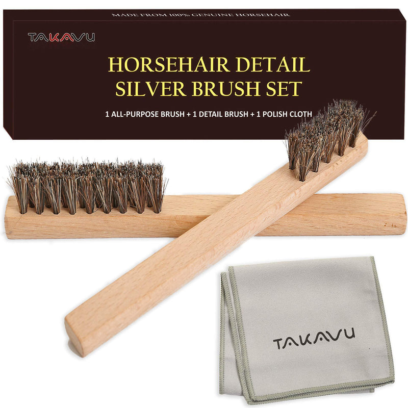 TAKAVU Horsehair Detail Brush Set, 2 Silver Cleaning Brushes and Polish Cloth for Detail Polish Work, Fine and Heirloom Silverware, Plateware, Jewelry Horsehair Brush Set