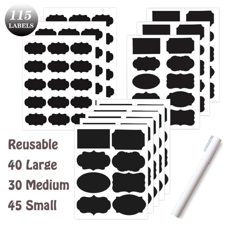 DaQi Chalkboard Labels Premium Bundle - 115 Reusable Label Stickers + Erasable White Chalk Pen - Waterproof Removable Pantry Labels for Mason Jars,Organizing Home,Kitchen and Office