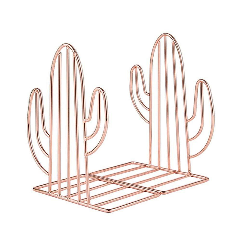 Chris.W 1 Pair Wire Rose Gold Bookends Decorative Metal Book Ends Supports Dividers for Shelves, Unique Cactus Design