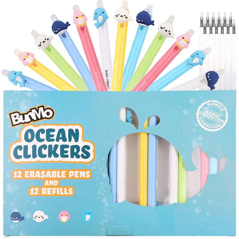 BUNMO Erasable Pens - Cute Kawaii Accessories - 12 Ink Pens Include 12 Extra Ink Refills. Cute Pens Make Great School Supplies or Office Supplies