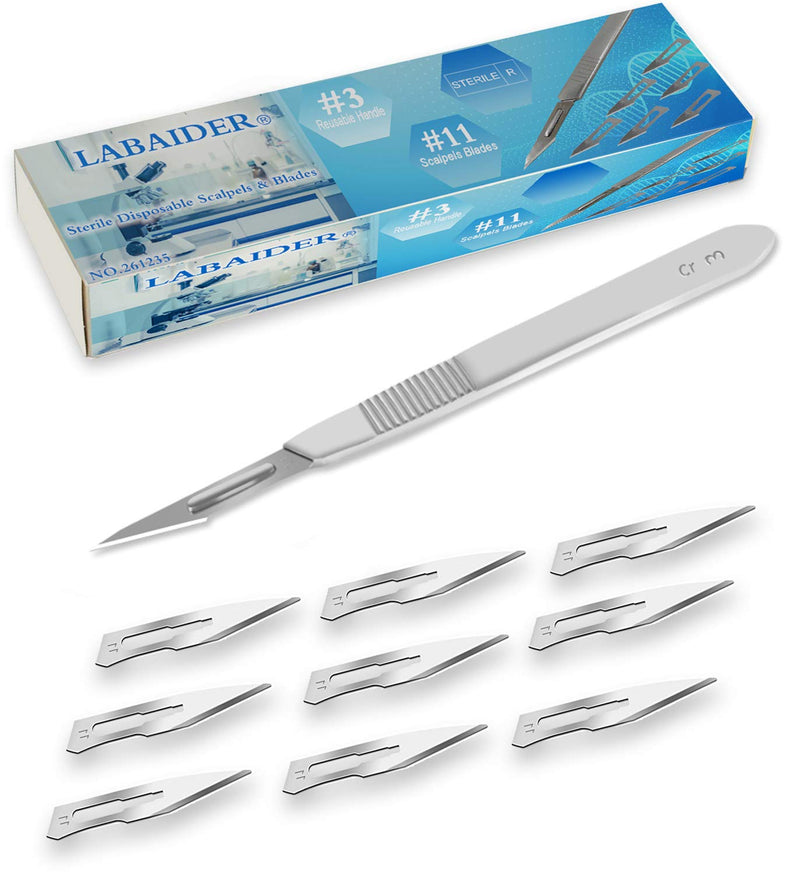 Surgical Grade Blades #11 10pcs Sterile with #3 Scalpel Knife Handle for Biology Lab Anatomy, Practicing Cutting, Medical Student, Sculpting, Repairing 10 Pcs