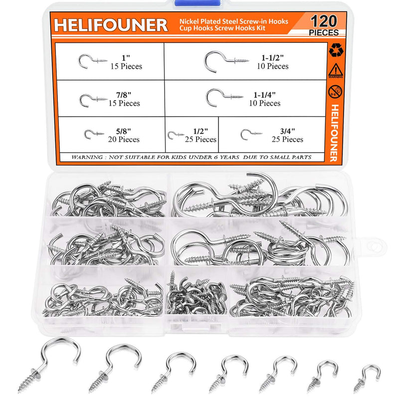 HELIFOUNER 120 Pieces 7 Sizes Nickel Plated Steel Cup Hooks, Ceiling Hooks, Screw Hooks Kit