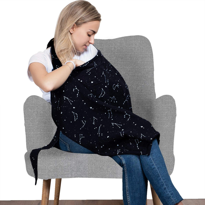 Cotton Nursing Cover - Large Breastfeeding Cover with Built-in Burp Cloth & Pocket - Soft, Breathable, Chemical-Free, 360° Coverage, Black Nursing Cover for Breastfeeding by San Francisco Baby Premium Black