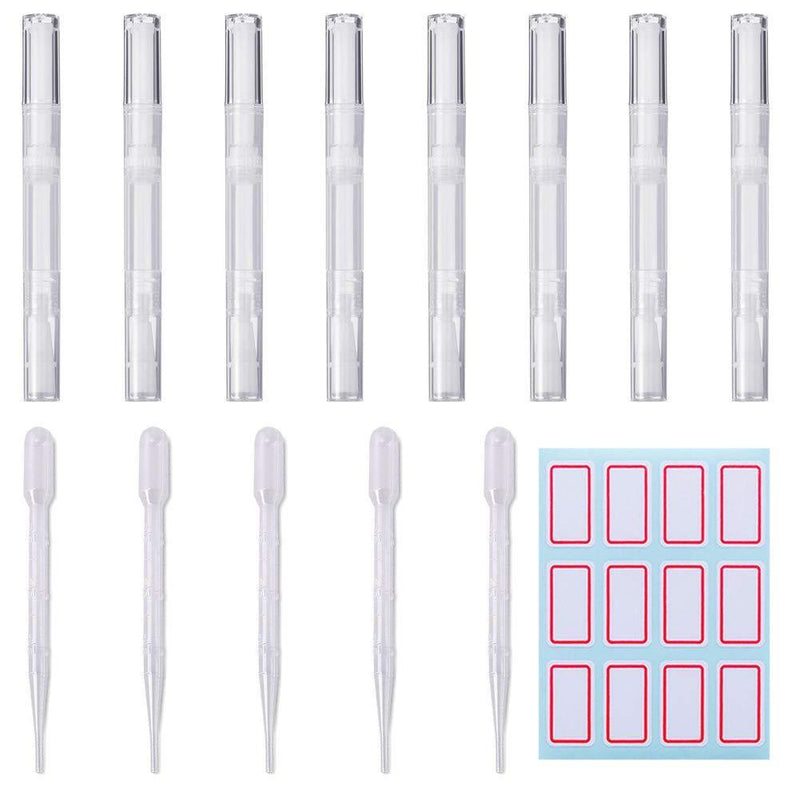 8 PCS Transparent Twist Pens Cosmetic Container Empty Cuticle Nail Oil Pen With Brush Tip Lip Gloss Twist Pens Refillable Eyelash Growth Liquid Tube With 5 Transfer Pipettes 1 Stickers