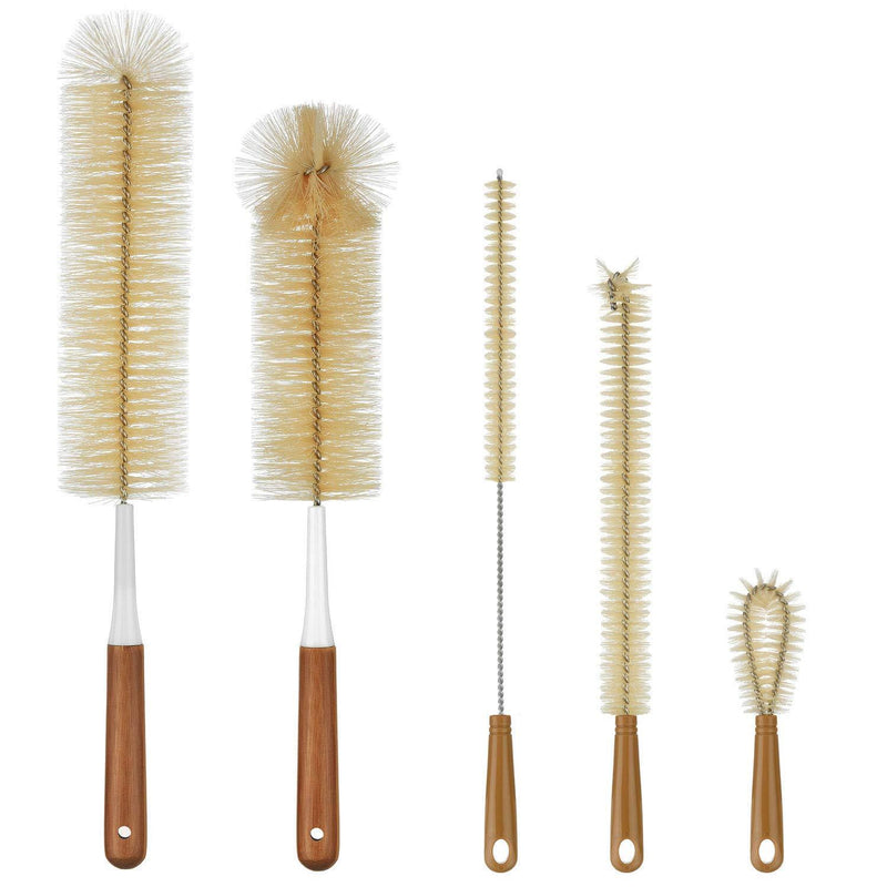 ALINK 5-Pack Bottle Brush Cleaner - Long Bamboo Handle Water Bottle Straw Cleaning Brush for Washing Narrow Neck Beer Wine Decanter, Baby/ Sports Bottle, Thermos, Flask Brown-bamboo