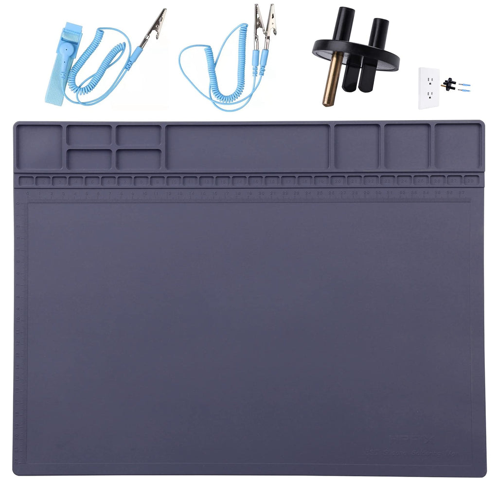 Anti-Static Mat ESD Safe for Electronic Includes ESD Wristband and Grounding Wire, HPFIX Silicone Soldering Repair Mat 932Â°F Heat Resistant for iPhone iPad iMac, Laptop, Computer, 15.9â€ x 12â€ Grey