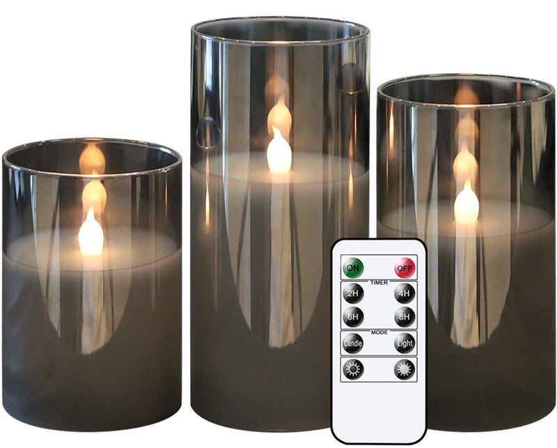 GenSwin Gray Glass Battery Operated Flameless Led Candles with 10-Key Remote and Timer, Real Wax Candles Warm White Flickering Light for Home Decoration(Set of 3) A-gray