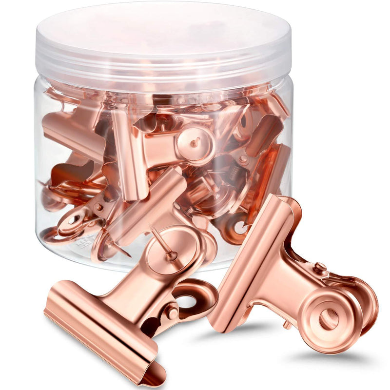 30 Pieces Push Pins Clips, Bulldog Clips with Thumb Tacks for School Artworks Projects on Cork Board, Photos Documents on Bulletin Board, No Holes for The Paper on Cubicle Walls (Rose Gold)