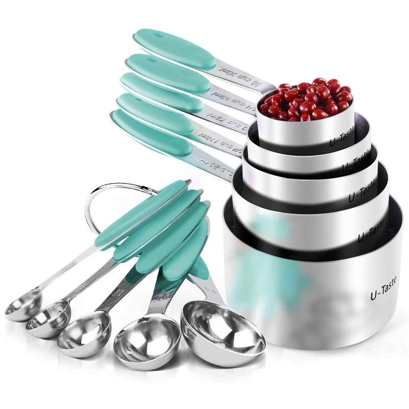 Measuring Cups : U-Taste 18/8 Stainless Steel Measuring Cups and Spoons Set of 10 Piece, Upgraded Thickness Handle(Aqua Sky) 3-Aqua Sky