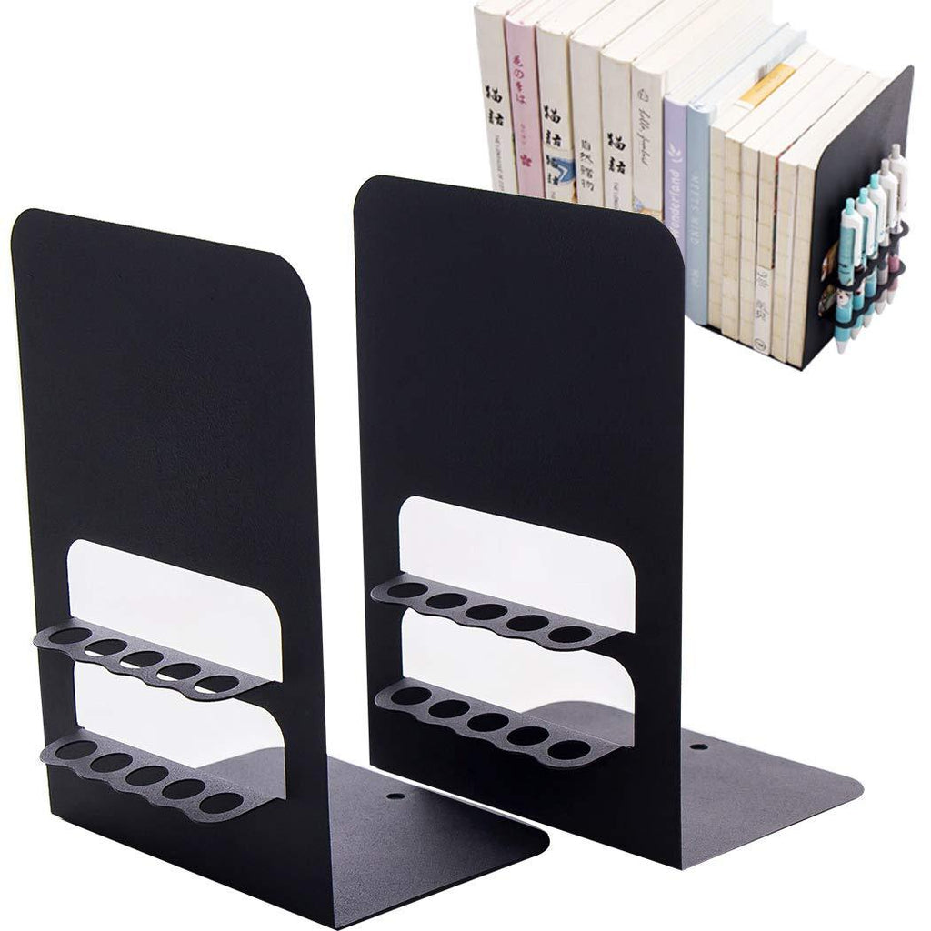 SIPLIV Bookends Steel Universal Economy Holder Stand Book Rack Desk Bookend Can be Inserted Pens(10 Pen Holes), 1 Pair(Black) Black