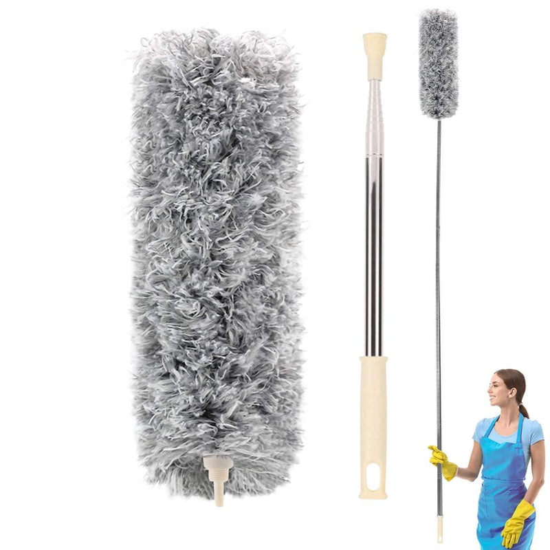 Microfiber Duster for Cleaning, Newliton Feather Duster with Extension Pole 30’’-100’’(Stainless Steel), Extendable Long Dusters for Cleaning Ceiling, Fan High Ceiling, Blinds Cobweb Furniture & Cars. Grey
