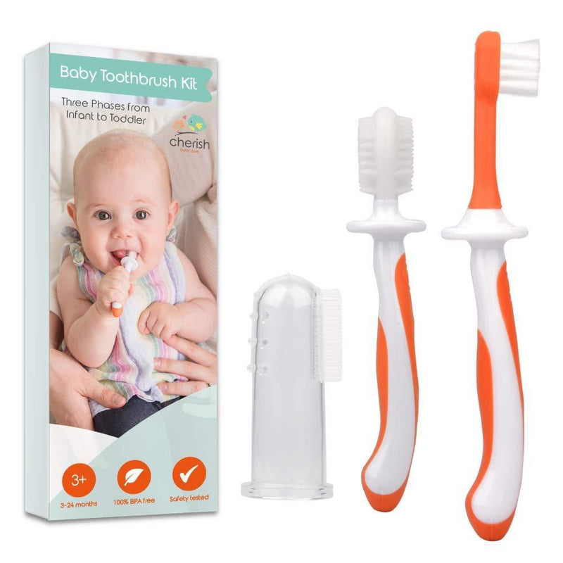 3 Piece Baby Toothbrush Set by Cherish Baby Care - with Infant Finger Toothbrush - Silicone Toothbrush & Toddler Toothbrush - Perfect Babys First Toothbrush Set (Orange) 3 Piece Set Orange