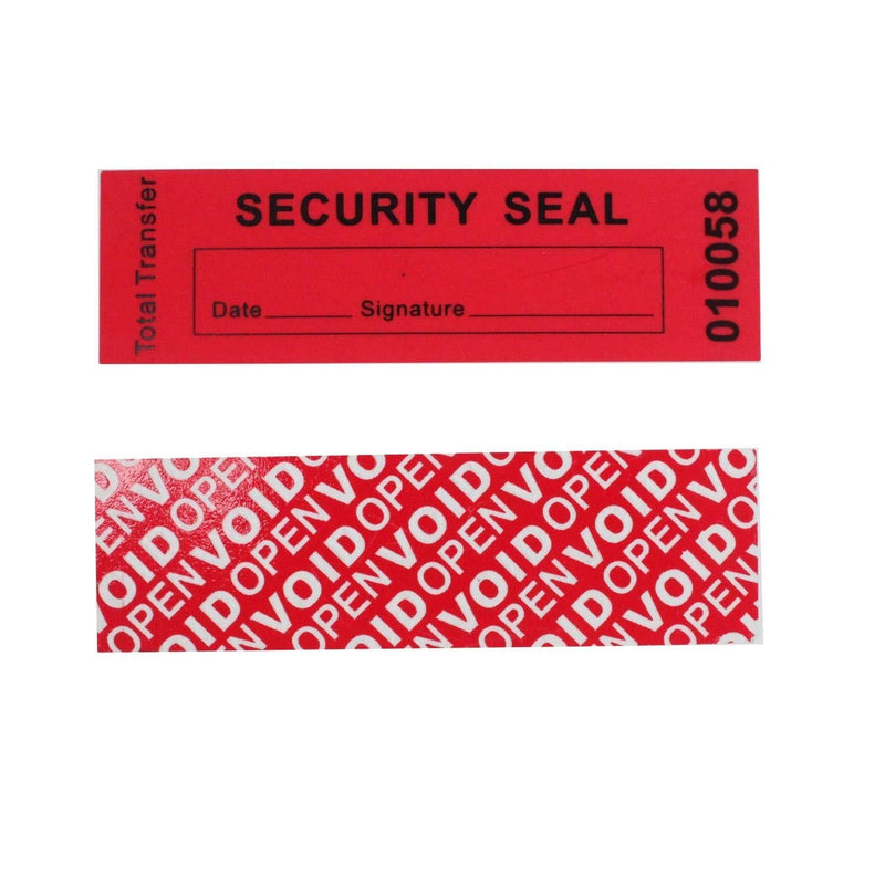 100 Total Transfer Tamper Evident Security Warranty Void Stickers/ Labels/ Seals (Red, 30x90 mm, Serial Numbers - TamperSTOP)