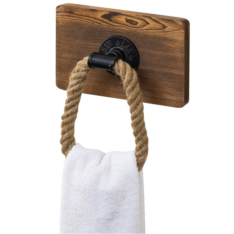 MyGift Dark Brown Wood and Industrial Pipe Wall Mounted Rope Towel Ring, Farmhouse Bathroom Decor Hand Towel Holder