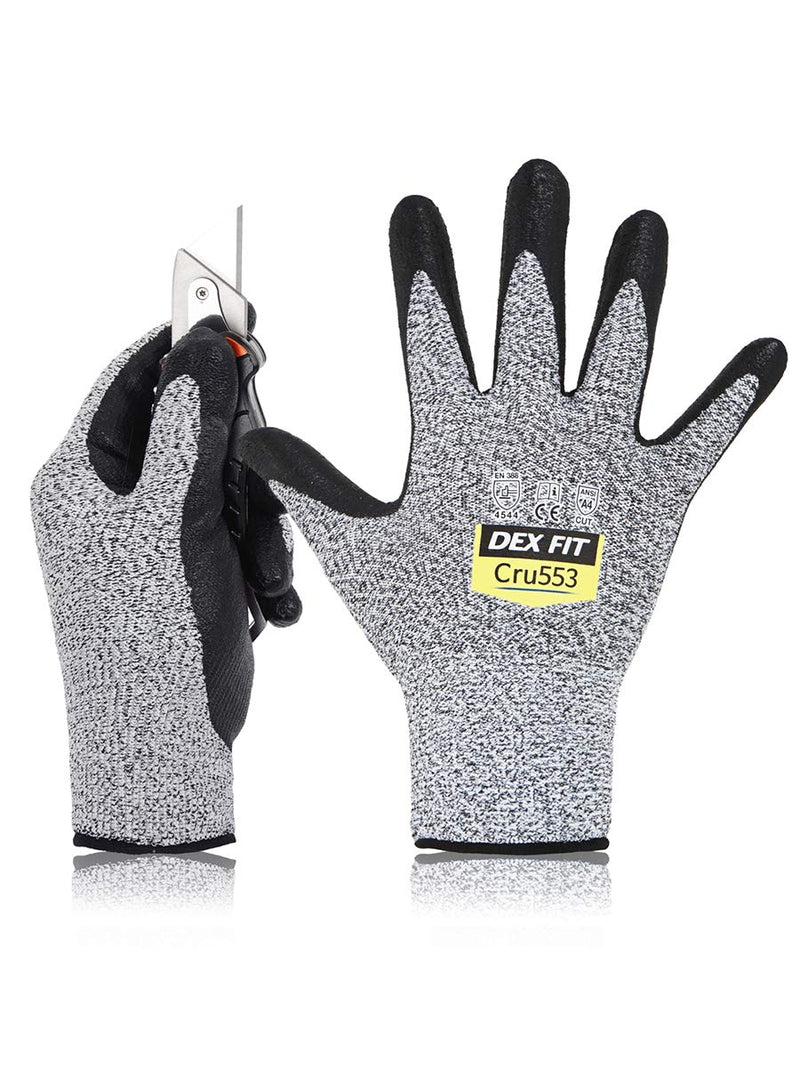 DEX FIT High-Duty Cut Resistant Gloves Cru553 with Level 5 Cut Protection; 3D-Comfort Fit Around Hands; Power Grip for Work; Touchscreen Capable; Perfect for Machine Washable, Grey 7 (S) 1 Pair Small (1 Pair) Cut 5 Cru553 Grey