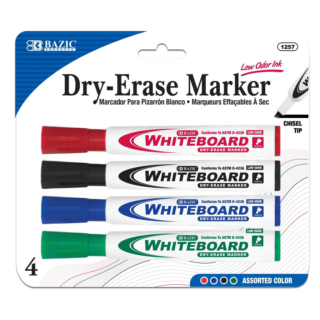 BAZIC Dry Erase Marker Assorted Color Chisel Tip, Whiteboard Pen Marcador, Low Odor Markers White Board Pens, Office School Supplies (4/Pack), 1-Pack Assorted Colors (4-count)