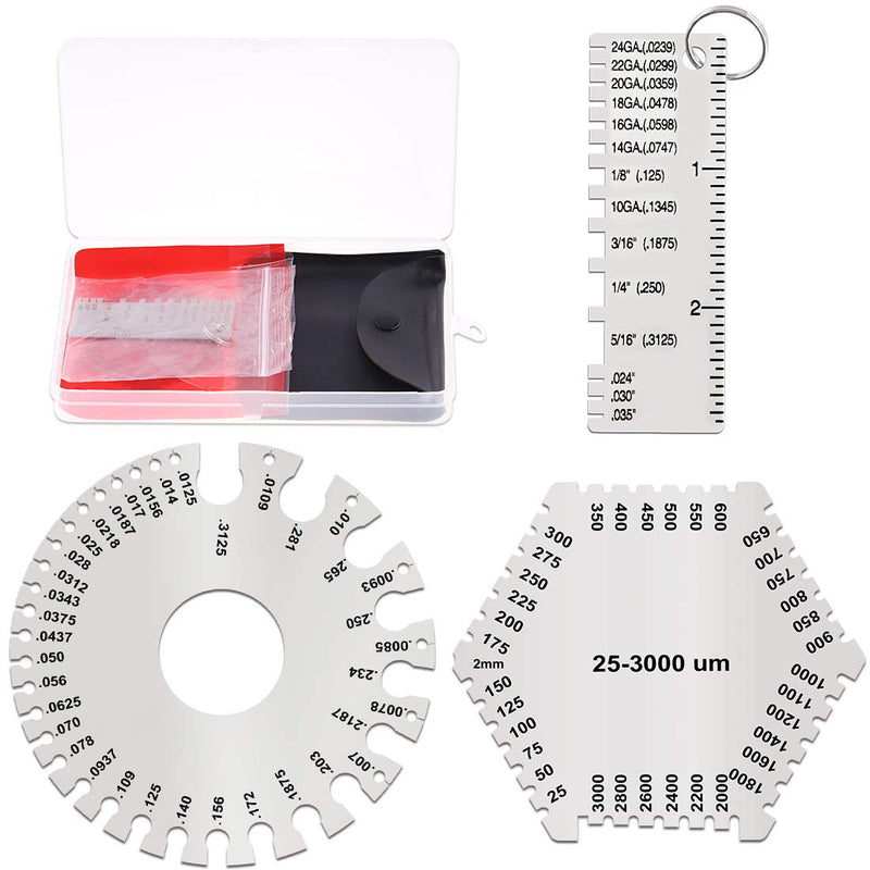 Glarks 3 Pack Stainless Steel Welding Gauge Set, 25-3000um Wet Film Comb + Wire Metal Sheet Thickness Gauge + Round Dual-Sided Wire Cable Sheet Gage Standard Thickness Metal Gauge AWG and SAE