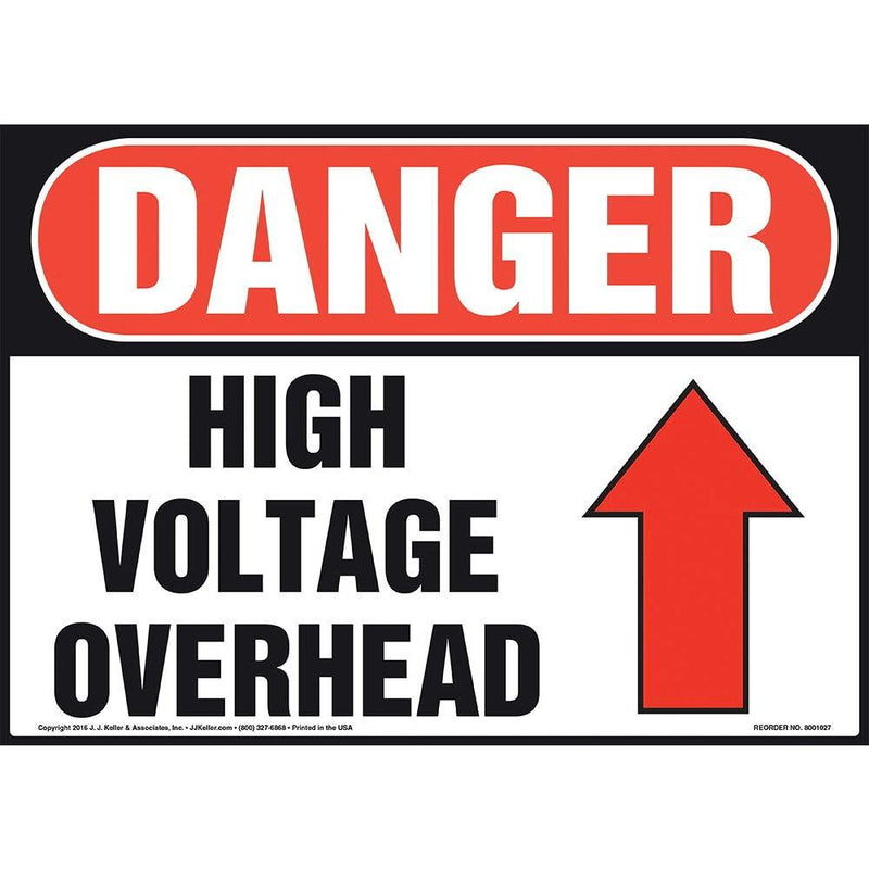 Danger: High Voltage Overhead Sign - J. J. Keller & Associates - 14" x 10" Aluminum with Rounded Corners for Indoor/Outdoor Use - Complies with OSHA 29 CFR 1910.145 and 1926.200