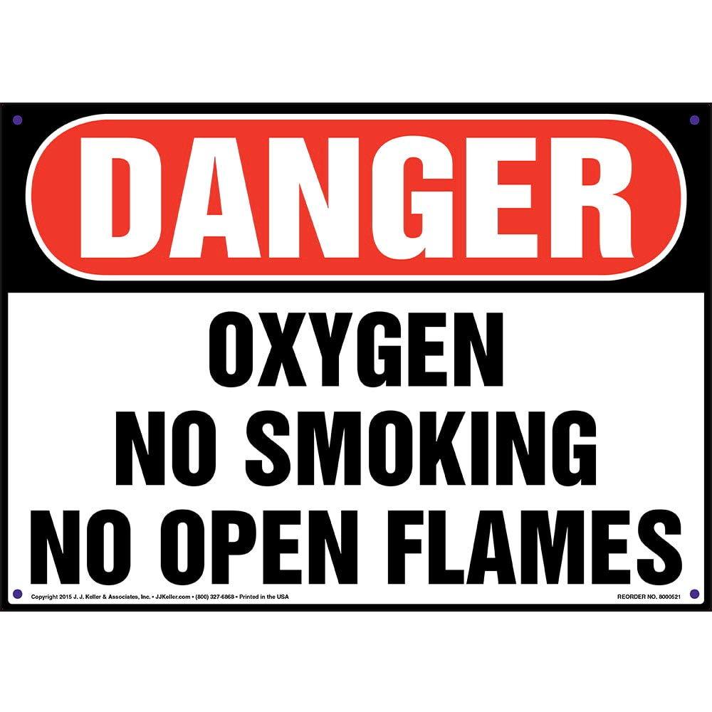 Danger: Oxygen, No Smoking, No Open Flames Sign - J. J. Keller & Associates - 20" x 14" Aluminum with Rounded Corners for Indoor/Outdoor Use - Complies with OSHA 29 CFR 1910.145 and 1926.200