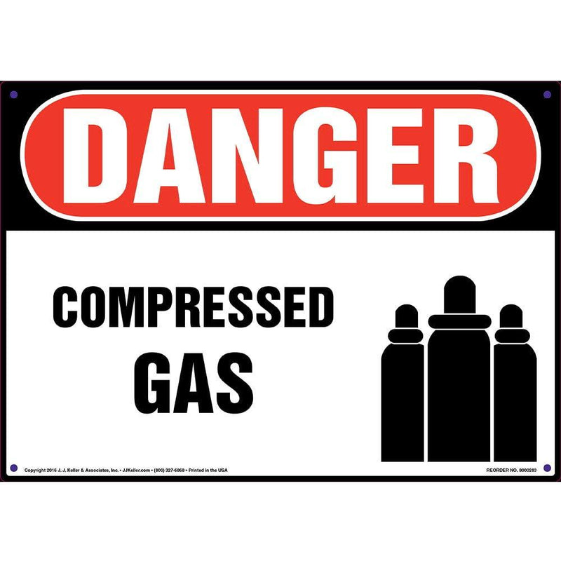 Danger: Compressed Gas Sign - J. J. Keller & Associates - 14" x 10" Permanent Self Adhesive Vinyl with Rounded Corners - Complies with OSHA 29 CFR 1910.145 and 1926.200