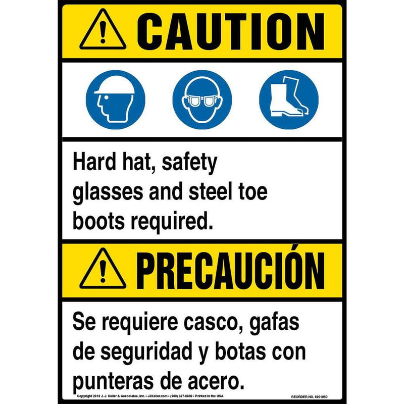 Caution: PPE Must Be Worn Sign Bilingual - J. J. Keller & Associates - 10" x 14" Heavy-Duty Alumaboard with Rounded Corners for Outdoor Use - Complies with ANSI Z535.2-2011 & OSHA 29 CFR 1926.200