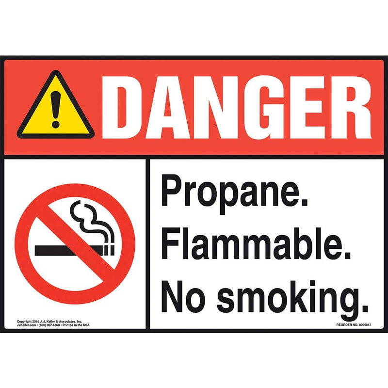 Danger: Propane Flammable, No Smoking Sign - J. J. Keller & Associates - 14" x 10" Permanent Self Adhesive Vinyl w/Rounded Corners - Complies with ANSI Z535.2-2011 and OSHA 29 CFR 1910.145, 1926.200