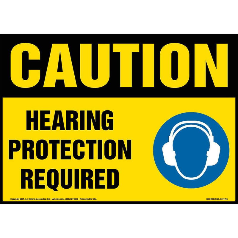 Caution: Hearing Protection Required Sign - J. J. Keller & Associates - 14" x 10" Aluminum with Rounded Corners for Indoor/Outdoor Use - Complies with OSHA 29 CFR 1910.145 and 1926.200