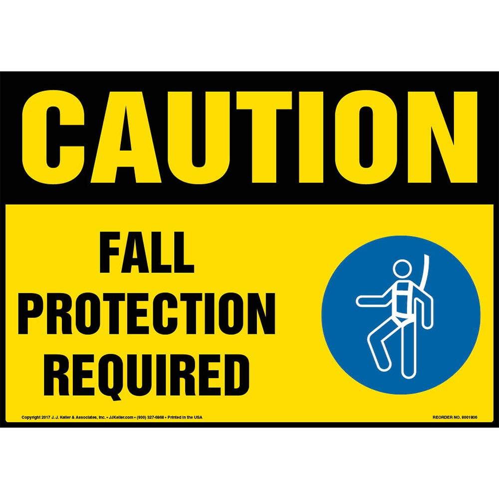 Caution: Fall Protection Required Sign - J. J. Keller & Associates - 14" x 10" Aluminum with Rounded Corners for Indoor/Outdoor Use - Complies with OSHA 29 CFR 1910.145 and 1926.200