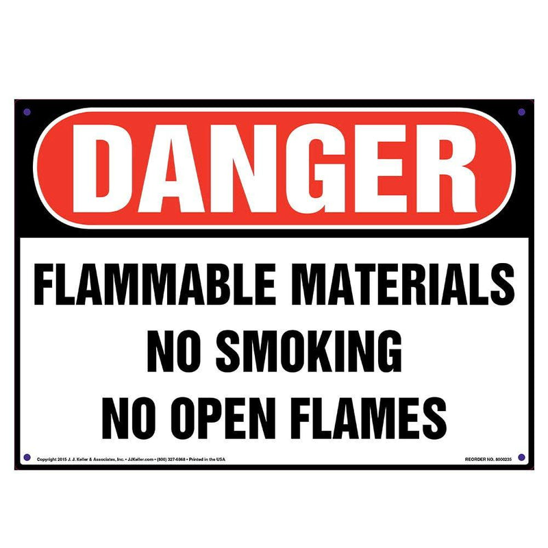 Danger: Flammable Materials, No Smoking/Open Flames Sign - J. J. Keller & Associates - 14" x 10" Permanent Self Adhesive Vinyl with Rounded Corners - Complies with OSHA 29 CFR 1910.145 and 1926.200