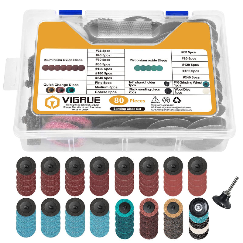 VIGRUE 80Pcs Sanding Discs Set, 2 Inches Quick Change Discs with 1/4 inch Holder, Surface Conditioning Discs for Die Grinder Surface Prep Grind Polish Burr Rust Paint Removal with Container