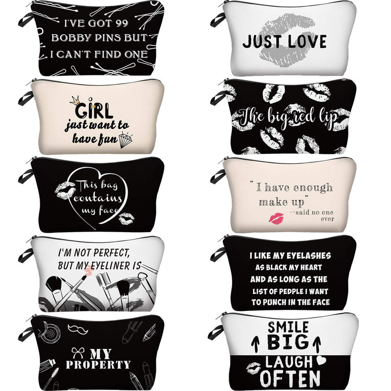 10 Pieces Letters Makeup Bags Cosmetic Pouch Travel Zipper Cosmetic Organizer Toiletry Bag Printing Pencil Bag for Women Girls Supplies Christmas Gift (Black and White Style) Black and White Style