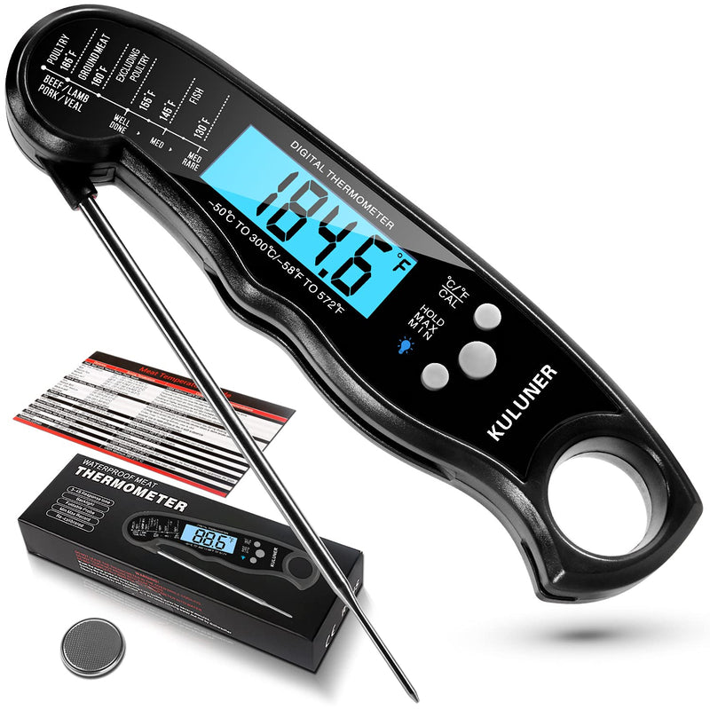 KULUNER TP-01 Waterproof Digital Instant Read Meat Thermometer with 4.6” Folding Probe Backlight & Calibration Function for Cooking Food Candy, BBQ Grill, Liquids,Beef(Black) black