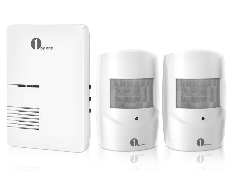 Driveway Alarm, 1byone Home Security Alert System with 36 Melodies, 1 Plug-in Receiver and 2 Weatherproof PIR Motion Detector, 1000ft Wireless Transmission Range and 24ft PIR Detection Range One Receiver Two Sensors
