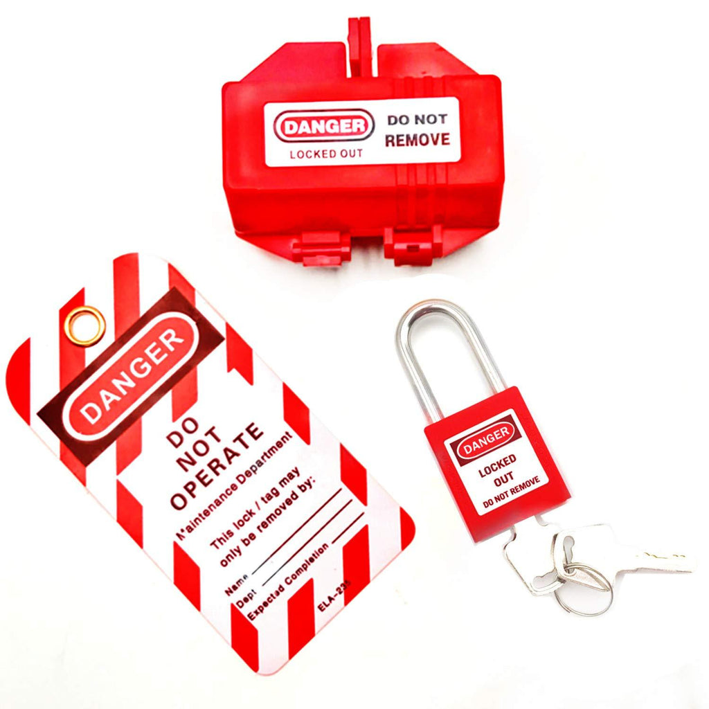 SAFBY Plug Lockout for 110 Volt Plugs, with Red Safety Padlock and Tag, Standard