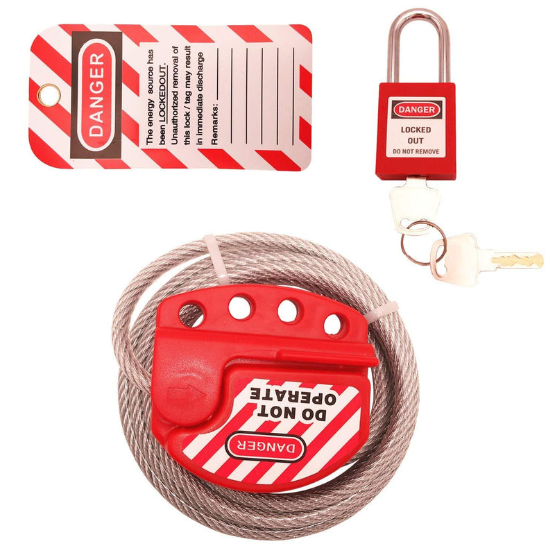 SAFBY Steel Cable Lockout Adjustable 1/4" Diameter, 6' Length with Red Safety Padlock and logout tag