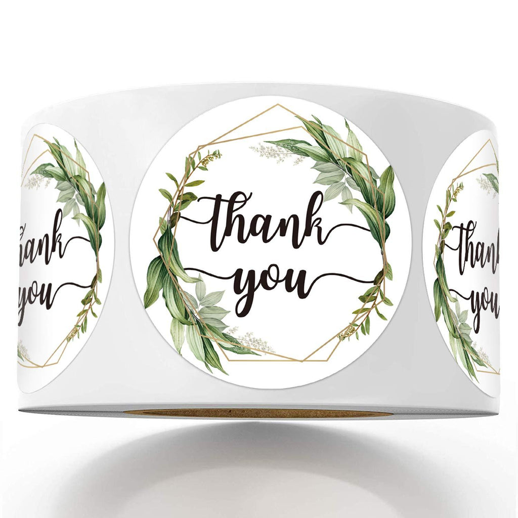 500 Chic Golden Greenery Frames Thank You Label Stickers, 1.5 Inch Circle Round Green Palm Leaves Wreath Thank You Stickers.