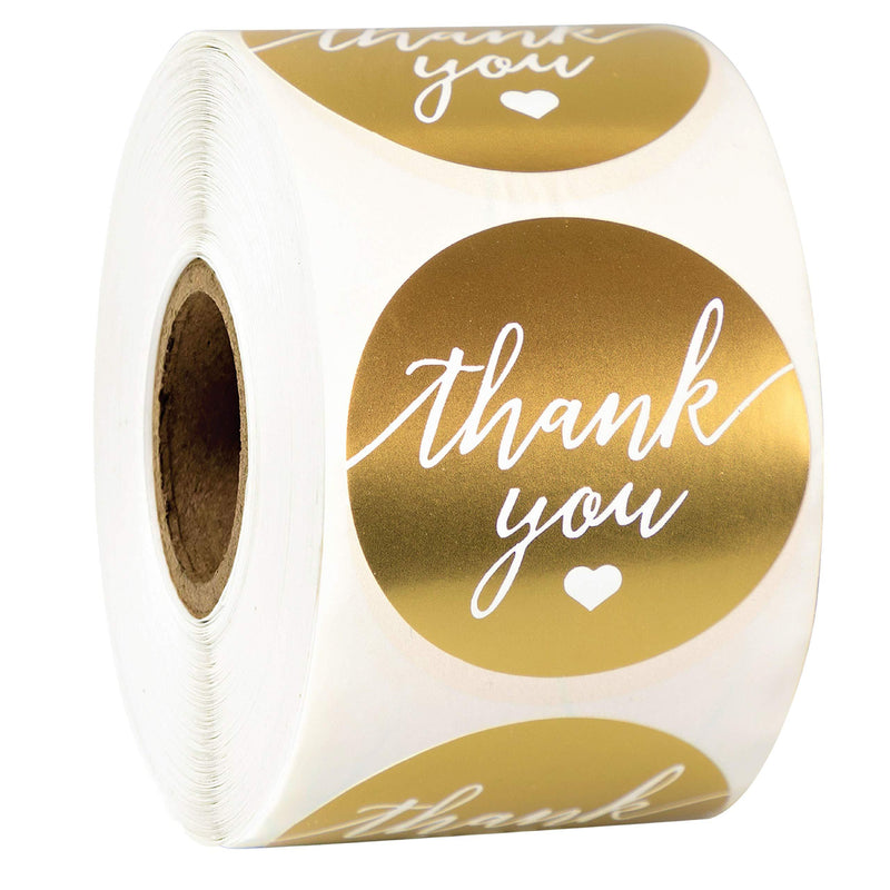 Thank You Label Sticker 1.5" Round with Gold and white heart 500 Labels per Roll, Thank You sticker gold for Birthdays, Weddings, Giveaways, Bridal Showers and Perfect for Small Business Owner