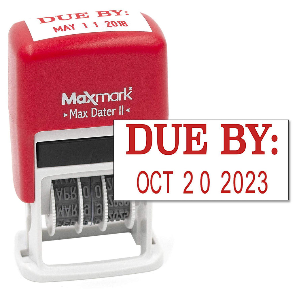 MaxMark Self-Inking Rubber Date Office Stamp with Due by Phrase & Date - Red Ink (Max Dater II), 12-Year Band