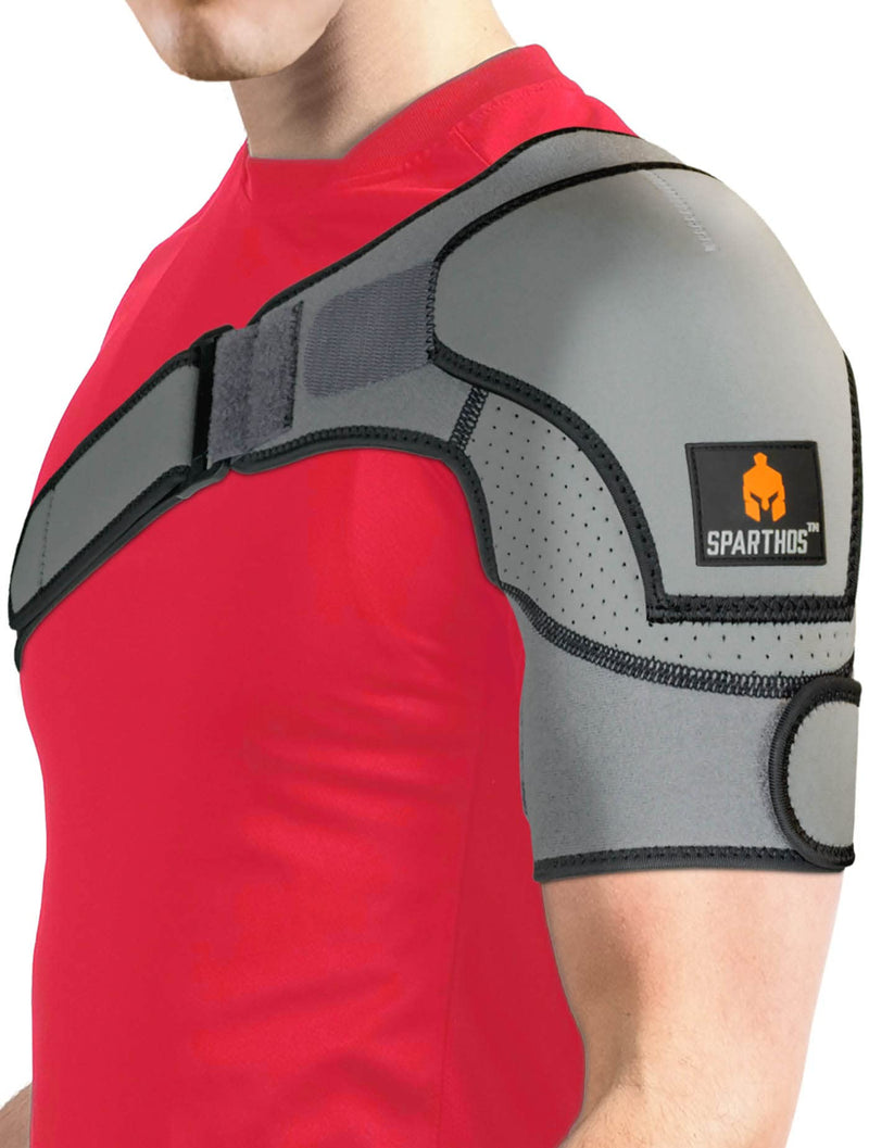 Sparthos Shoulder Brace - Support and Compression Sleeve for Torn Rotator Cuff, AC Joint Pain Relief - Arm Immobilizer Wrap, Ice Pack Pocket, Stability Strap, Dislocated Sholder - for Men and Women Universal Gray/Black